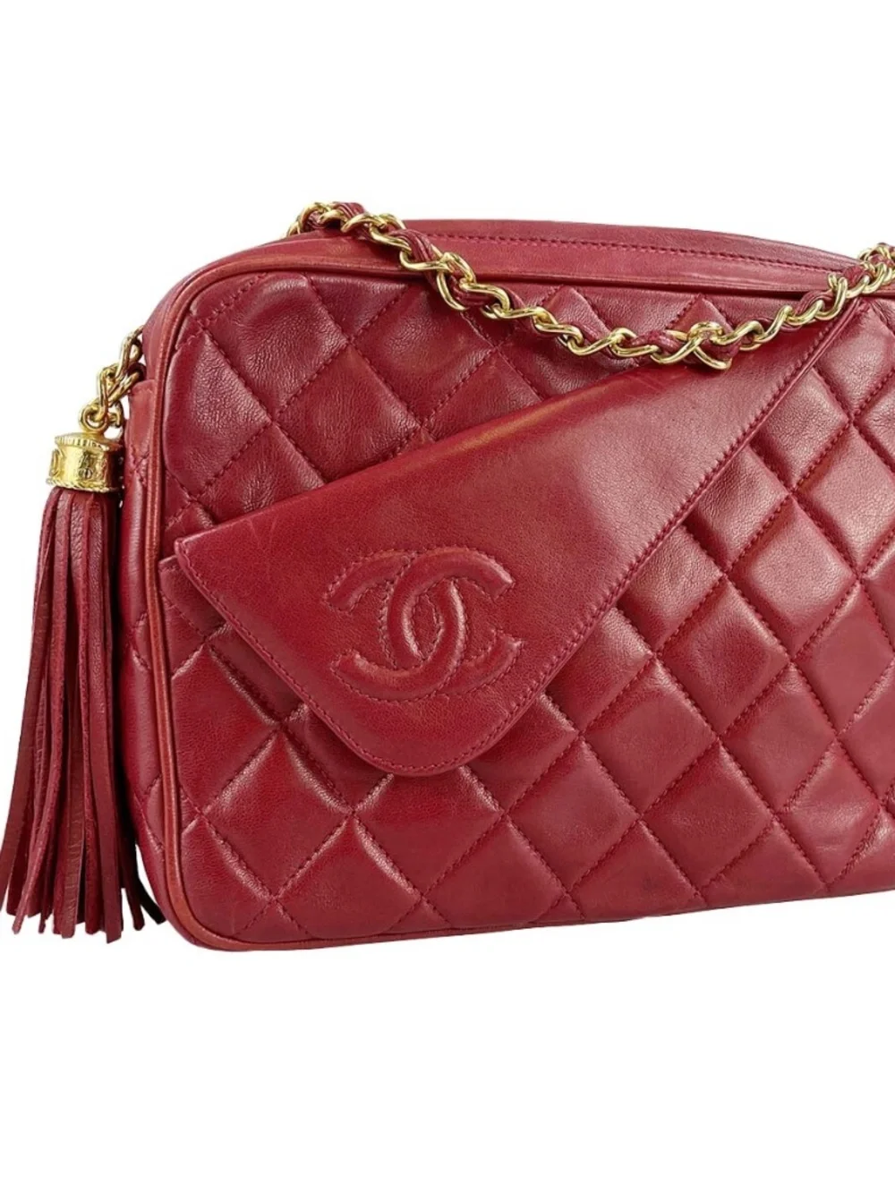 CHANEL Matelasse Fringe Lambskin Leather Fabric Red Chain Shoulder bag